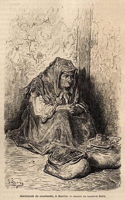 ピーナッツ商人、マドリッドのプエルタ・デル・ソルでのライブでのスケッチ。Gustave Dore（1832-1883）が1862年にCh.Davillier（編集者）と行ったスペイン旅行を説明するために描いたもので、1869年にEdouard Chartonが編集した "Le tour du monde "に掲載されています。 作： Gustave Dore