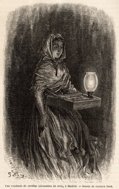 マドリッドのプエルタ・デル・ソルで、ワックスマッチを売る女性をライブで描いたスケッチ。Gustave Dore（1832-1883）が1862年にCh.Davillier（編集者）と行ったスペイン旅行を説明するために描いたもので、1869年にEdouard Chartonが編集した "Le tour du monde "に掲載されています。 作： Gustave Dore