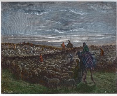 カナンの地を旅するアブラハム - カナンの地に定住したアブラム - ギュスターヴ・ドーア（1832-1883）の "The Bible illustree "のエングレーヴィング - "The Dore Bible "のエングレーヴィング 作： Gustave Dore
