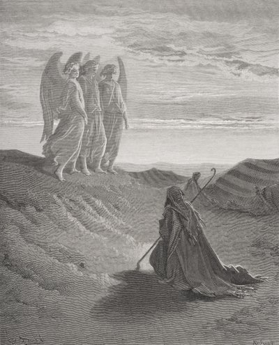アブラハムと三人の天使、ドレの「聖書」からの挿絵、リグニー作、1866年 作： Gustave Dore