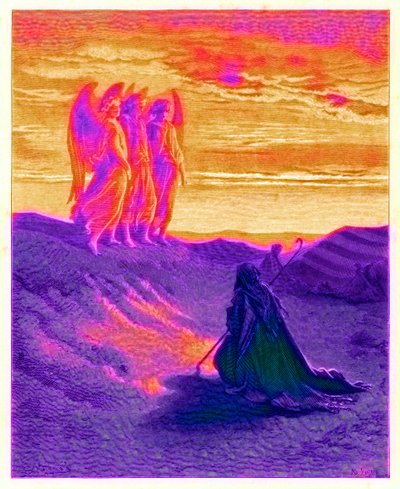アブラハムと三人の天使、リグニーによって彫刻された「The Dore Gallery」のイラスト、c.1890を発行（デジタル処理で強化された画像） 作： Gustave Dore