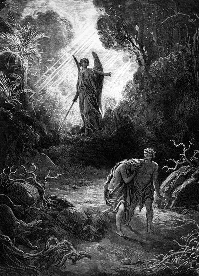 楽園から狩り出されるアダムとイヴ。ギュスターヴ・ドーアのエングレーヴィング。マメ版1891年。 作： Gustave Dore
