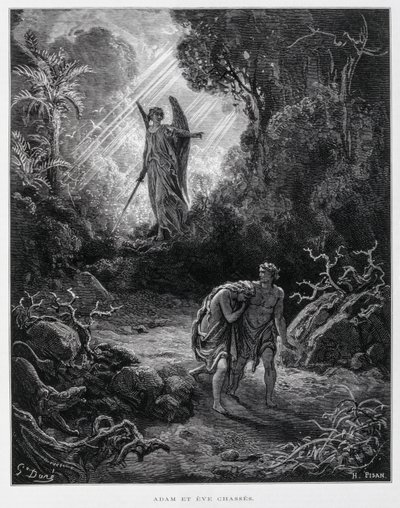 天使によってエデンの園を追放されたアダムとイヴ（ドーレ聖書よりイラスト引用 作： Gustave Dore