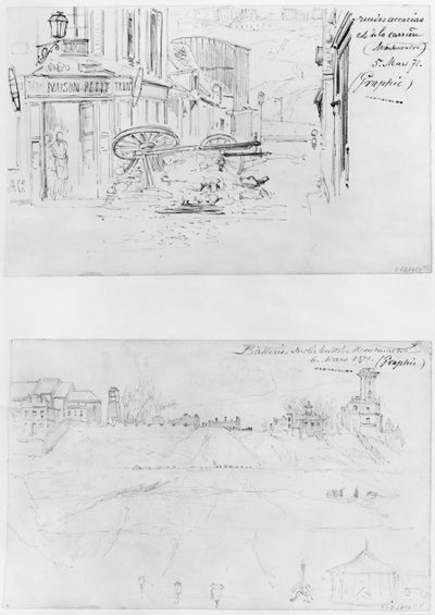 1871年3月5日、パリの包囲、Rue des Accacias et rue de la Carriere、ビュットモンマルトルの電池（1871年3月6日）（ペンと茶色のインクウォッシュと紙に鉛筆） 作： Gustave Dore