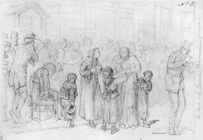 パリ包囲戦のアルバム、ポアソニエール兵舎のスープ（紙にペンと茶色のインクと鉛筆） 作： Gustave Dore