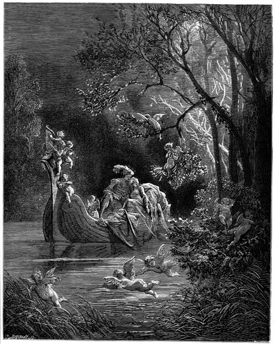 釣りに出かける幸せな恋人としてのアルチーナとルッジェーロ 作： Gustave Dore