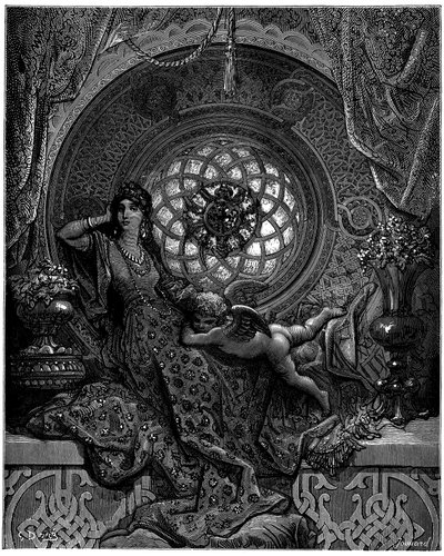アルチーナの美しさはルッジェーロの不安のすべてを克服します 作： Gustave Dore