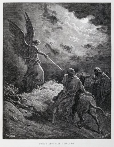 天使が剣を持ったバラムに出会った、ドーレ聖書からの挿絵 作： Gustave Dore