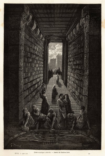 メリダにある現在も使用されているアンティークな貯水槽。1862年、イラストレーターでリアクターのCh.Davillier男爵のGustave Dore（1832-1883）がスペインへの航海を描いた版画。 作： Gustave Dore