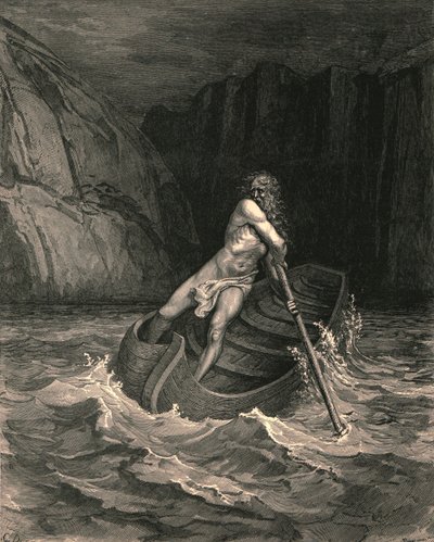そして、lo！樹皮で私たちに向かって、老人、c1890が来ます。 作： Gustave Dore