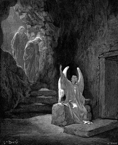 メアリーマグダレンと他のメアリーキリストの空の墓を示す天使、1865-1866 作： Gustave Dore