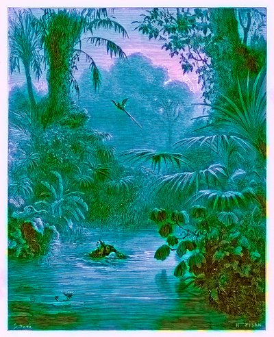 ヘリオドール・ジョセフ・ピサン（1822-90）によって彫刻された「The Dore Gallery」のイラスト、川を渡るAtalaとChactas、c.1890を発行（デジタル拡張画像） 作： Gustave Dore