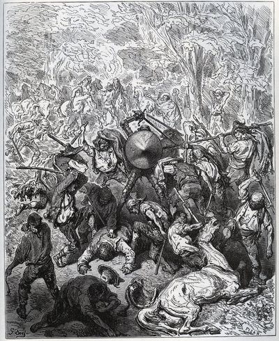 ラバ職人との戦い-ヤンゴイ族は棍棒を使っていた-ミゲル・セルバンテス（1547-1616）の「ドン・キホーテ・デ・ラ・マンチャ」（ドン・キホーテ）より-ギュスターヴ・ドーアの絵をもとにした木版画 作： Gustave Dore