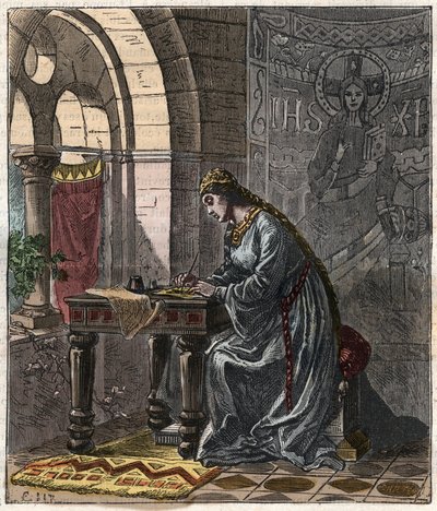 MontfortのBertrade (1070-1117) フランスの女王（フランス王フィリップ1世の妻）フォントヴローにて - Gustave Doreによる19世紀のエングレーヴィング、1876年の "National History Illustrated of France from the Most Retreated Times to the Today" - Private Collecti. 作： Gustave Dore