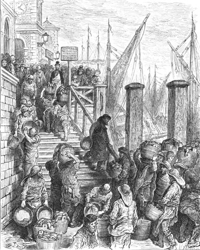 「ビリングスゲート - 魚の上陸」、1872 年。 作： Gustave Dore