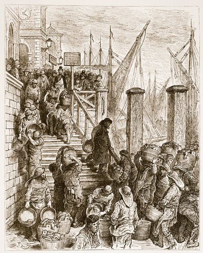 ウィリアムブランチャードジェロルド（1826-94）によって書かれた「巡礼のロンドン」からのビリングスゲート、魚の着陸。 1872 作： Gustave Dore