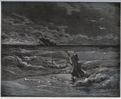 捕物語。ミゲル・セルバンテス(1547-1616)の「ドン・キホーテ・デ・ラ・マンチャ」(ドン・キホーテ)より、ゾライデの父であるアーギ・モラトが岸辺でバルクをしているところです。 作： Gustave Dore