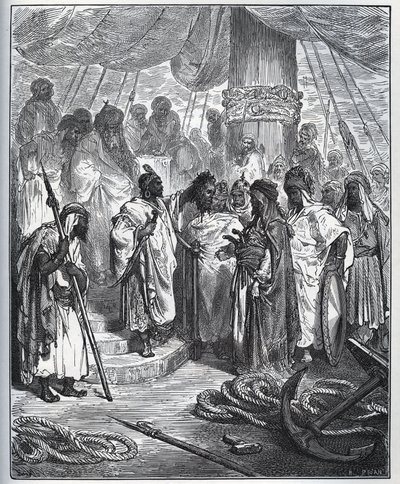 捕虜の話。アラブ人に切られたパガノ・ドリアの首 - アラブ人は彼の首を切り、トルコ艦隊の将軍に運んだ - ミゲル・セルバンテス(1547-1616)の「ドン・キホーテ・デ・ラ・マンチャ」(ドン・キホーテ)より - グスタフ・ドーアの絵の後の木版画 作： Gustave Dore