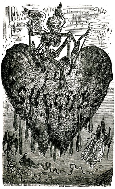 オノレ・ド・バルザック（1799-1850）の「ドロラティック物語」（1855年）のためのギュスターヴ・ドーレによる章頭挿絵：サキュバス（吸血鬼）-骸骨、死、心臓、血-。 作： Gustave Dore