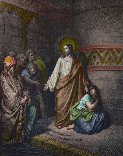 "Christ and the Adultere Woman" Gustave Dore (1832-1883) によるイラストレーション - Jesus and the Woman Taken in Adultery - Gustave Doreによるエングレーヴィング - 後に彩色されています。 作： Gustave Dore