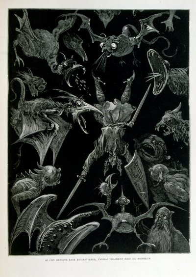 フランスの画家、版画家、挿絵画家であるギュスターヴ・ドーア（1832年～1883年）が1863年に描いた「クロック・ミテーヌ」。Croque-Mitaine（ブギーマン）とは、子供を怖がらせて賢くさせるために、子供に見せられる悪意のあるキャラクター。 作： Gustave Dore