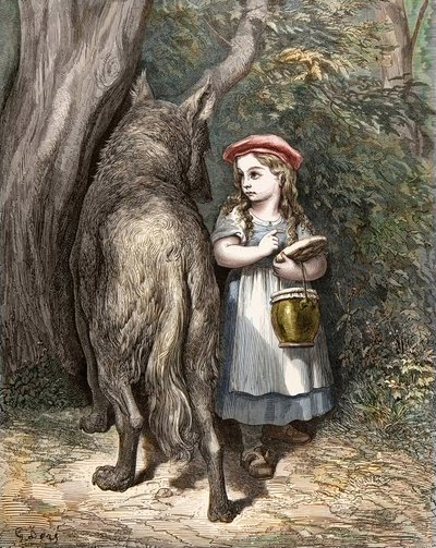 森を越えて、赤ずきんちゃんはオオカミに出会う。シャルル・ペロー（1628-1703）の「物語」からギュスターヴ・ドーア（1832-1883）が描いたもの。 作： Gustave Dore