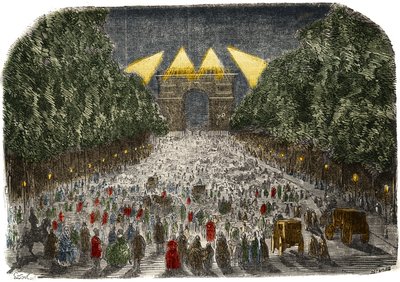 10月26日、27日にパリで行われた凱旋門とシャンゼリゼ（Champs-Elysees）の電飾を鑑賞する群衆の様子 作： Gustave Dore
