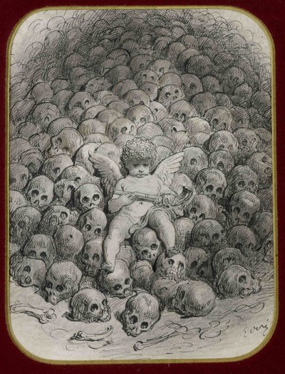 「ドクロの山の上にピストルを持ったキューピッド」 ギュスターヴ・ドーア（1832-1883）によるインクとドローイング 個人蔵 作： Gustave Dore