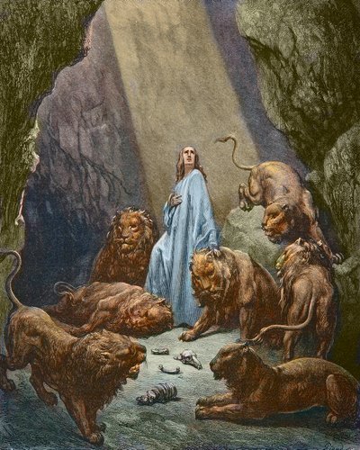 Daniel est jete dans la fonds aux lions - Daniel in the Den of Lions - Gustave Doreによるエングレーヴィング - 後に彩色される 作： Gustave Dore