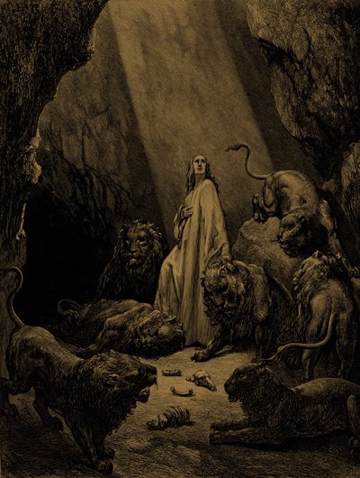 ドレの「ライオンの巣窟のダニエル」。- 聖書 作： Gustave Dore