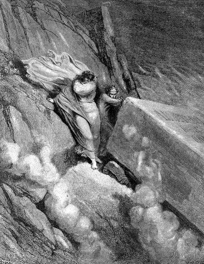 悪臭が立ち上る深淵の端にいるダンテとウェルギリウス、1863年 作： Gustave Dore