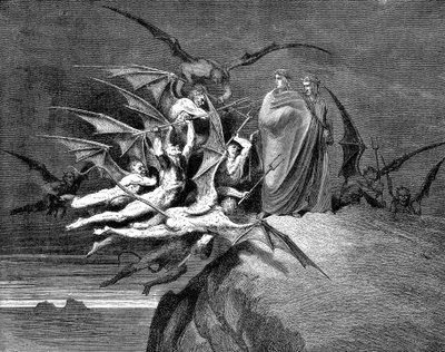 ダンテとウェルギリウスは、1861 年に第 8 サークルを通過する際に悪魔に取り囲まれました。 作： Gustave Dore