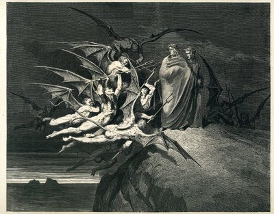 悪魔に立ち向かうダンテとバージル。ギュスターヴ・ドーアが挿絵を描いたダンテ・アリギエーリ（神曲）の『地獄』からのエングレーヴィング。1861年のフランス版。"... Nessun di voi sia fello!"（お前たちの誰も反抗するな！）。聖歌21、v. 72. 作： Gustave Dore