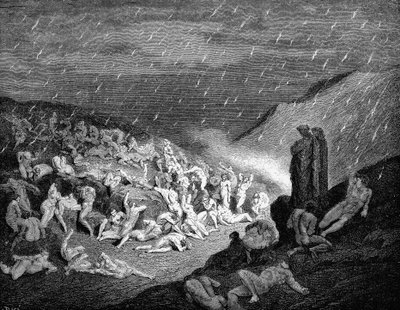 ダンテとバージルは、1863年にインフェルノで苦しみの中で魂を見下ろしていました。 作： Gustave Dore