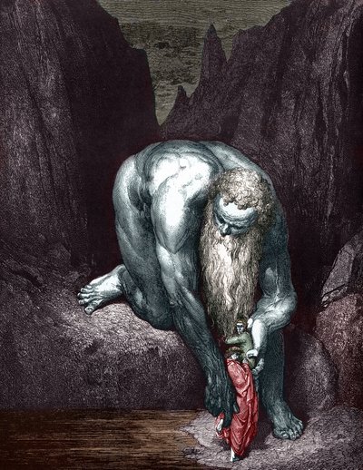 ギュスターヴ・ドレが描いた、ダンテとウェルギリウスがジャイアント・アンシーに出会う 作： Gustave Dore