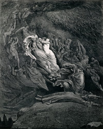 ダンテ・アリギエリ（1265-1321）作『神曲』第五番「インフェルノ」の挿絵、ギュスターヴ・ドーア（1832-1883）作、パオロとフランチェスカを従えたダンテとヴィルジル。 作： Gustave Dore