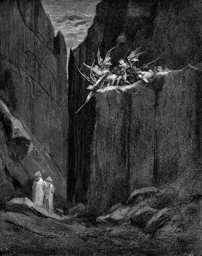 悪魔の害からバージルに守られるダンテ。 作： Gustave Dore