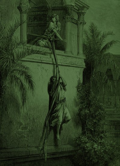 ダビデの窓からの脱出（ドレ作）。- 聖書 作： Gustave Dore