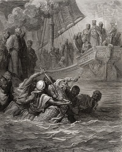 アルモアダムの死、JFによる「Bibliotheque des Croisades」のイラスト。ミショー、1877（リソ） 作： Gustave Dore