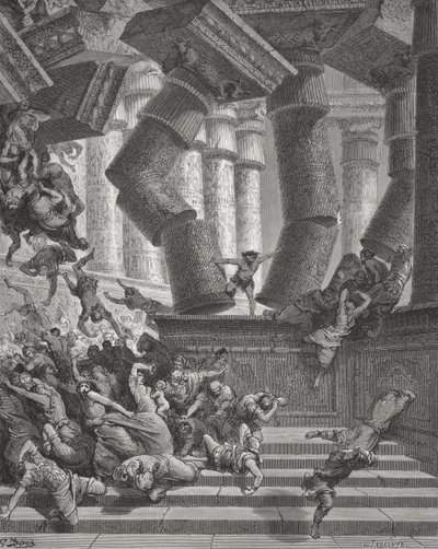 サムソンの死、裁判官26：28-30、G。ラルランテによって彫刻されたドアの「聖書」のイラスト、1866年（彫刻） 作： Gustave Dore