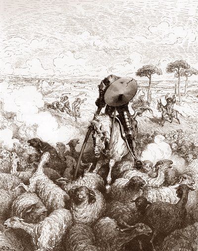 羊の群れを攻撃するドン・キホーテ ミゲル・デ・セルバンテス (1547-1616) による「The Ingenieux Hidalgo Don Quixote de la Mancha (Quixotte - Quixote)」のグスタフ・ドレ (1832-1883) による彫刻 1863 個人蔵 作： Gustave Dore
