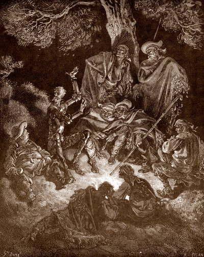 Don Quixote and Sancho Panza with the goatherds Engraving by Gustave Dore (1832-1883) for “L