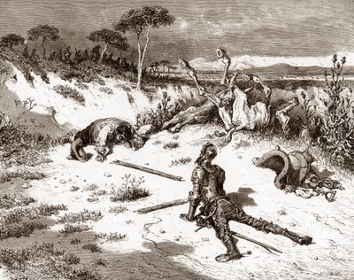 警備員や犯罪者との乱闘後のドン・キホーテとサンチョ・パンサ ギュスターヴ・ドレ (1832-1883) による「L
