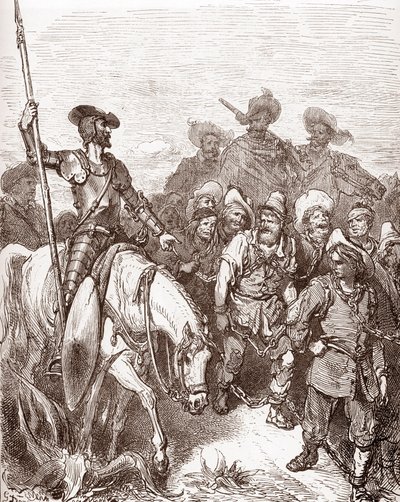 Don Quixote and sancho Panza interrogates the criminals being led to the galleys Engraving by Gustave Dore (1832-1883) for “L