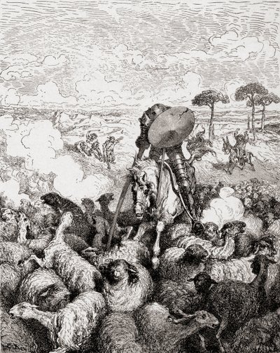 羊の群れと戦うドン・キホーテ。1905 作： Gustave Dore