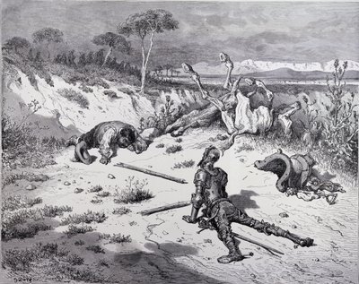 ヘリオドールジョセフピサン（1822-90）c.1868によって彫刻されたミゲルセルバンテス（1547-1616）の「ドンキホーテデラマンチャ」からの、ドンキホーテの感謝の気持ちのモラライジング 作： Gustave Dore