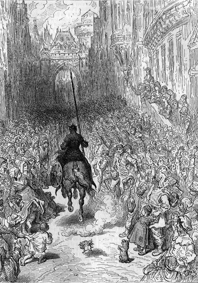 ギュスターヴ・ドーア（1832-1883）が、アリオスタとして知られるルドヴィコ・アリオストの詩「激情のロラン」（"Orlando furioso"）（16世紀）のために描いたもの。"Le Journal de la jeunesse "に掲載されたエングレーヴィング 作： Gustave Dore