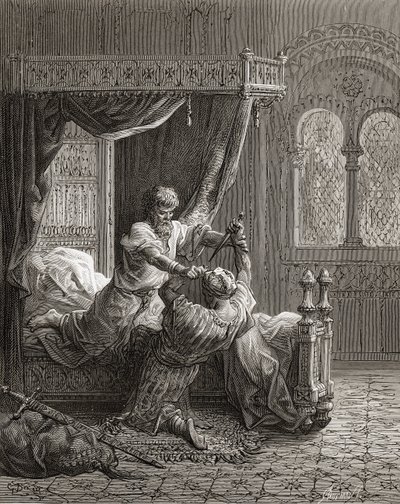 イギリスのエドワード1世（1239-1307）は、JFによる「Bibliotheque des Croisades」のイラストである1272年6月に彼の暗殺者を殺害します。ミショー、1877 作： Gustave Dore