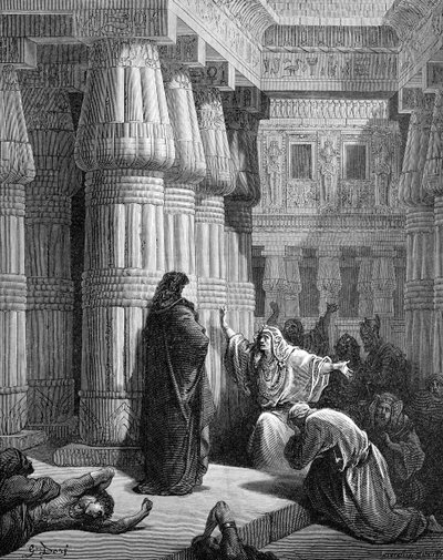 エジプト人がモーセに出発を促す、ドレ作。- 聖書 作： Gustave Dore