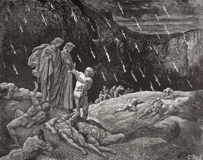 ギュスターヴ・ドーア1832-1883年フランスの画家、挿絵画家によるダンテ・アリギエーリ『地獄篇』カント15章28行目と29行目のための版画。 作： Gustave Dore